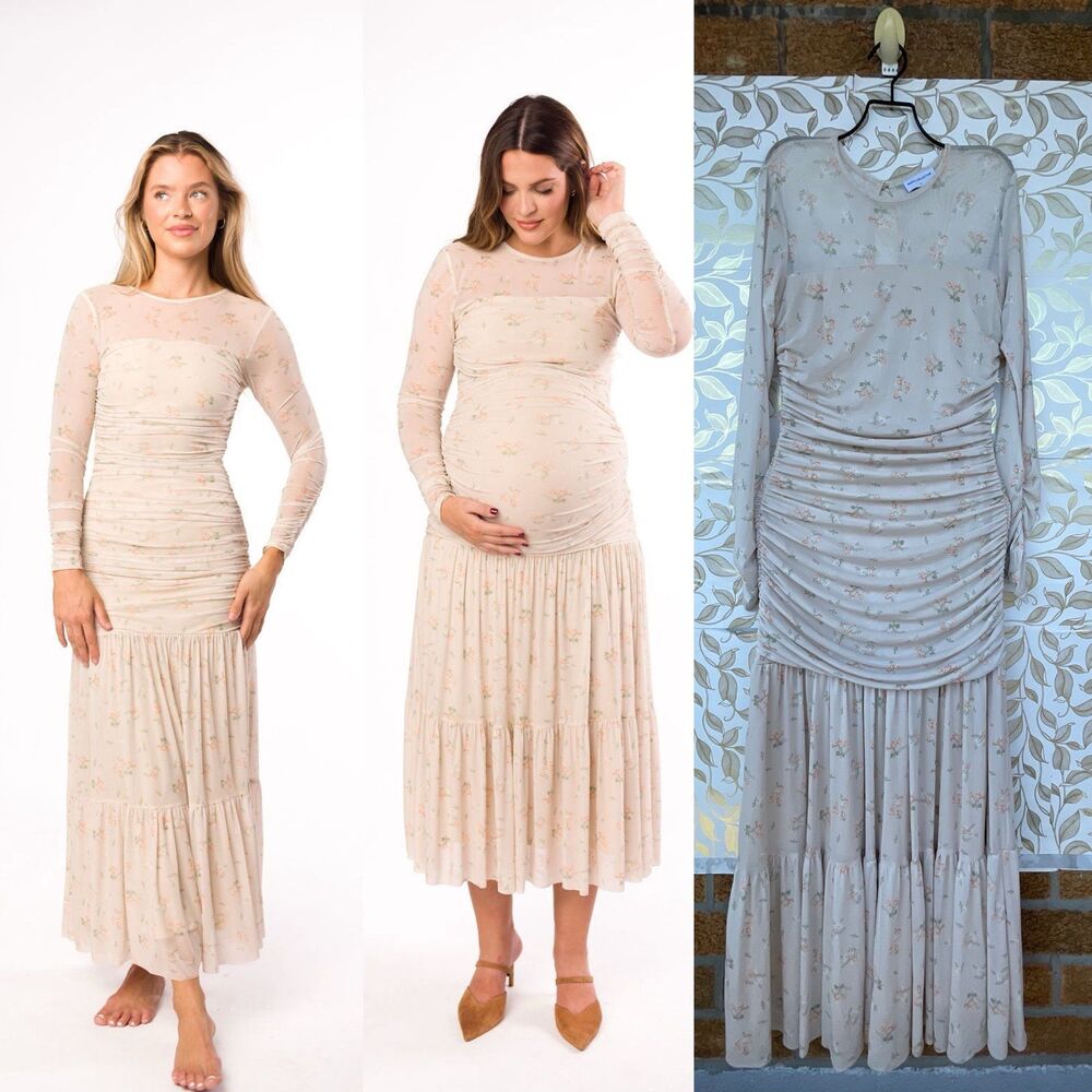 Worth Collective Floral Mesh Maxi Dress L Ruched Maternity Bump Friendly Cottage